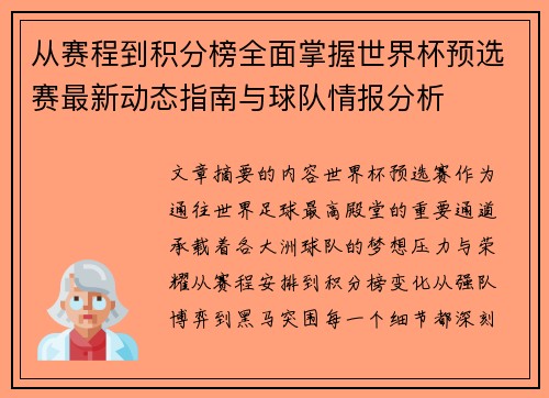 从赛程到积分榜全面掌握世界杯预选赛最新动态指南与球队情报分析 从赛程到积分榜全面掌握世界杯预选赛最新动态指南与球队情报分析