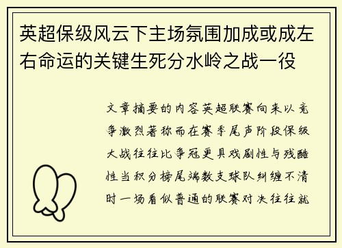 英超保级风云下主场氛围加成或成左右命运的关键生死分水岭之战一役 英超保级风云下主场氛围加成或成左右命运的关键生死分水岭之战一役